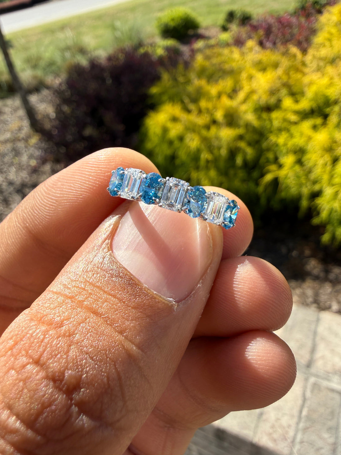 1.5 carat fancy vivid blue oval  E vs and emerald cut handcrafted ring made with 14k gold in grown diamond