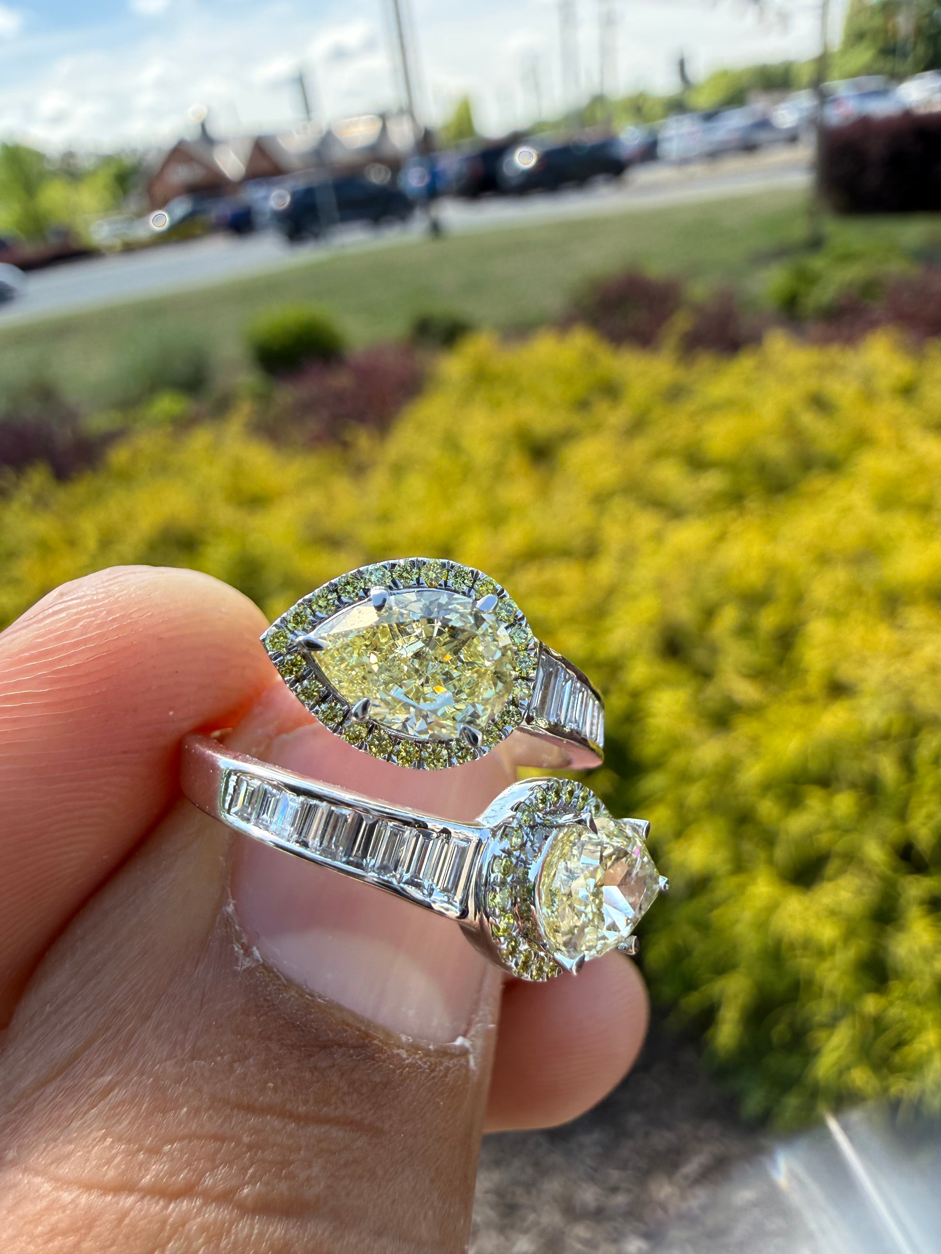 3 carat igi certified fancy yellow pear  emerald cut with fancy white tapper baguette ring handcrafted ring made with 14k gold in grown diamond igi certified