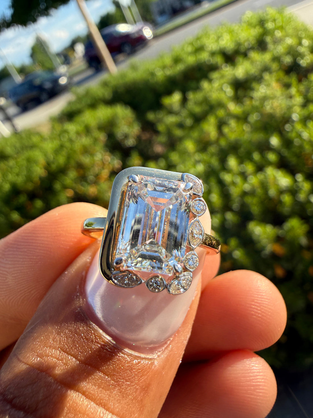 3 carat emerald cut rose gold special cut ring VVS stone with special cut on side stone fancy highly handcrafted in grown diamond 14k gold ( made in gold ) (Copy)
