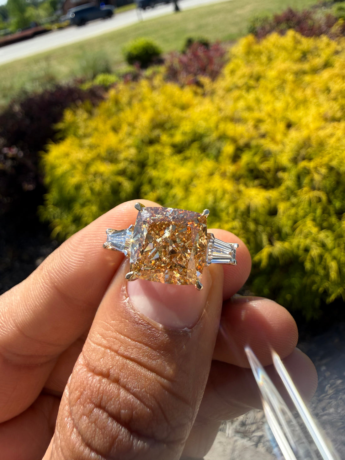 9.53 carat igi certified stone fancy cushion champagne color high cut with fancy white baguette ring handcrafted ring made with 14k gold in grown diamond igi certified
