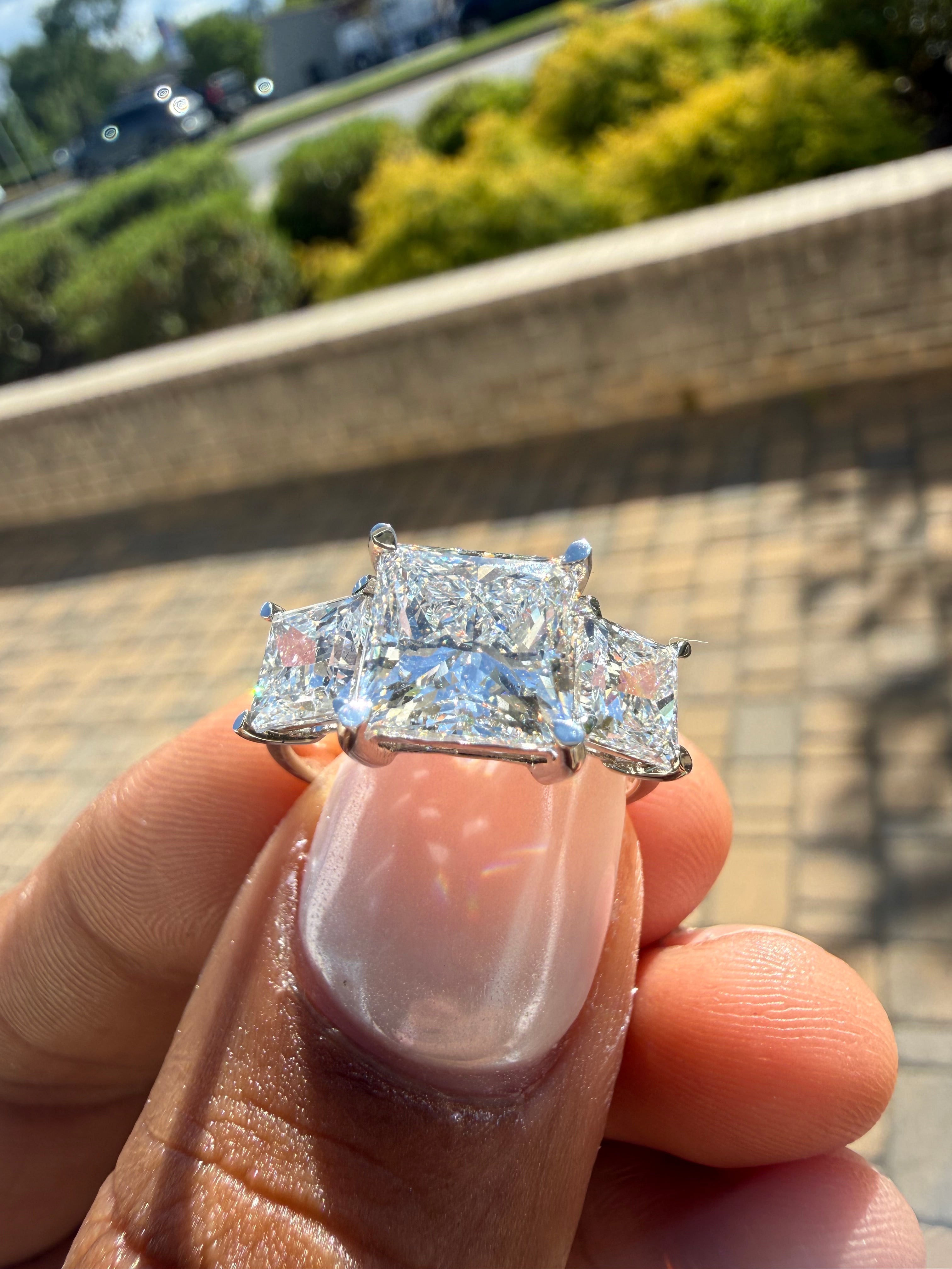 5 carat princess cut ring IGI cut E vs certified  3 carat center stone 2 carat side stone made with special cut handcrafted in grown diamond 14k gold