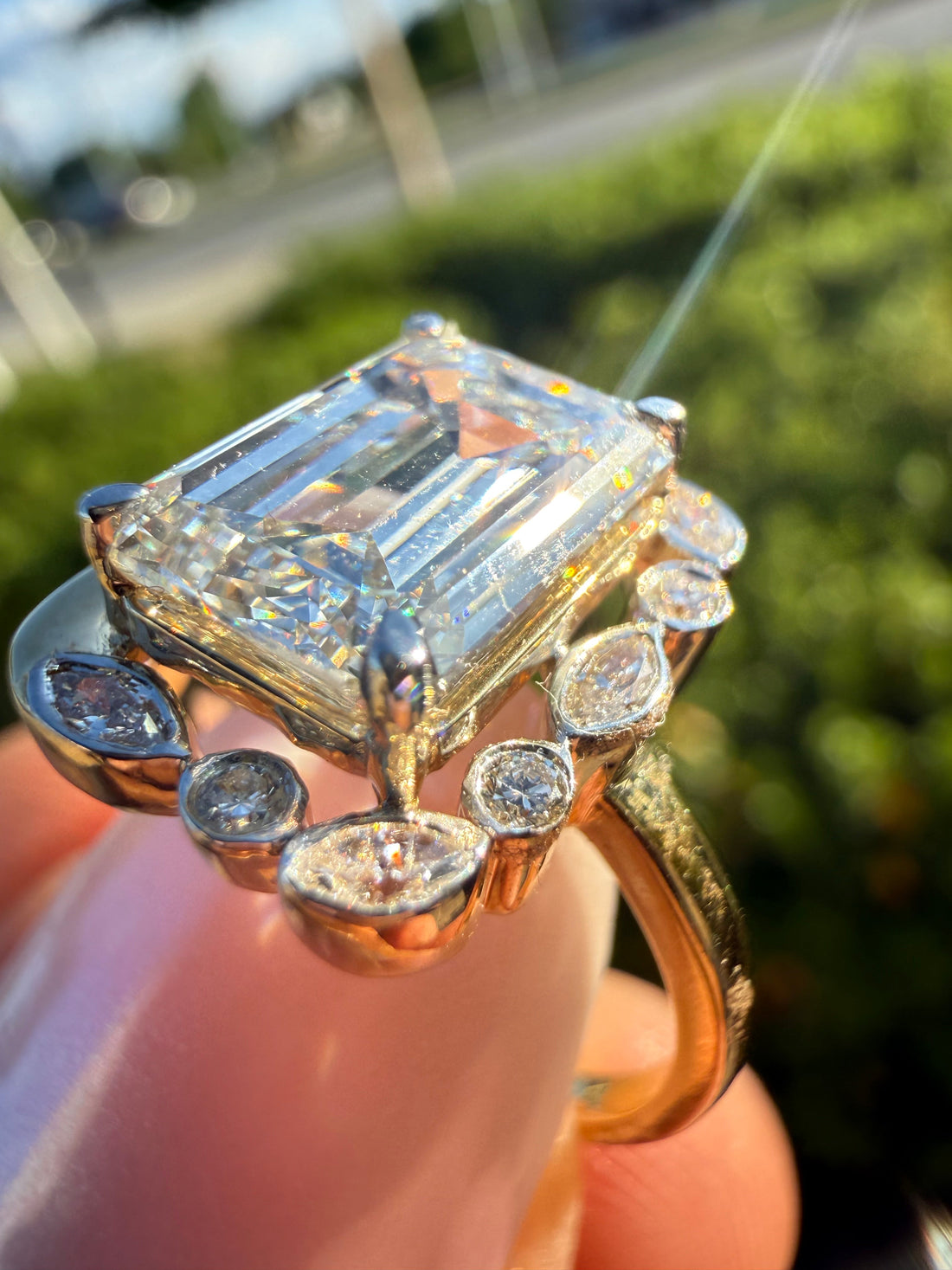 3 carat emerald cut rose gold special cut ring VVS stone with special cut on side stone fancy highly handcrafted in grown diamond 14k gold ( made in gold ) (Copy)