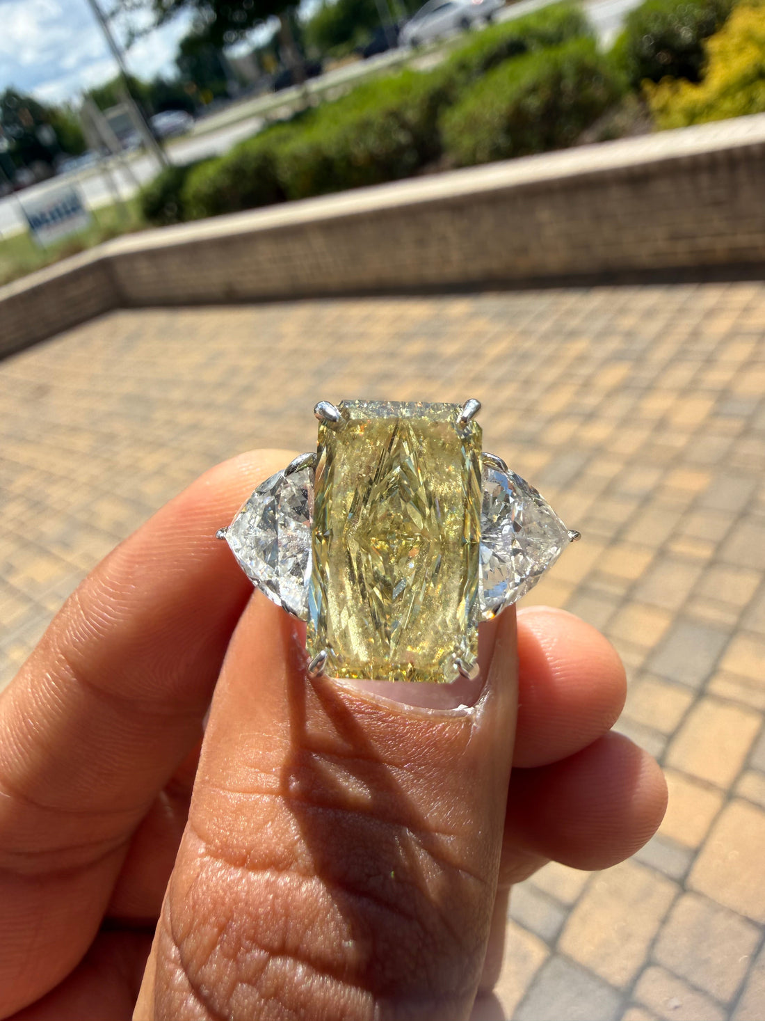 11.43 carat radiant cut IGI certified fancy light yellow made with 2 Traingle special cut on side 2 carat handcrafted in grown diamond 14k gold