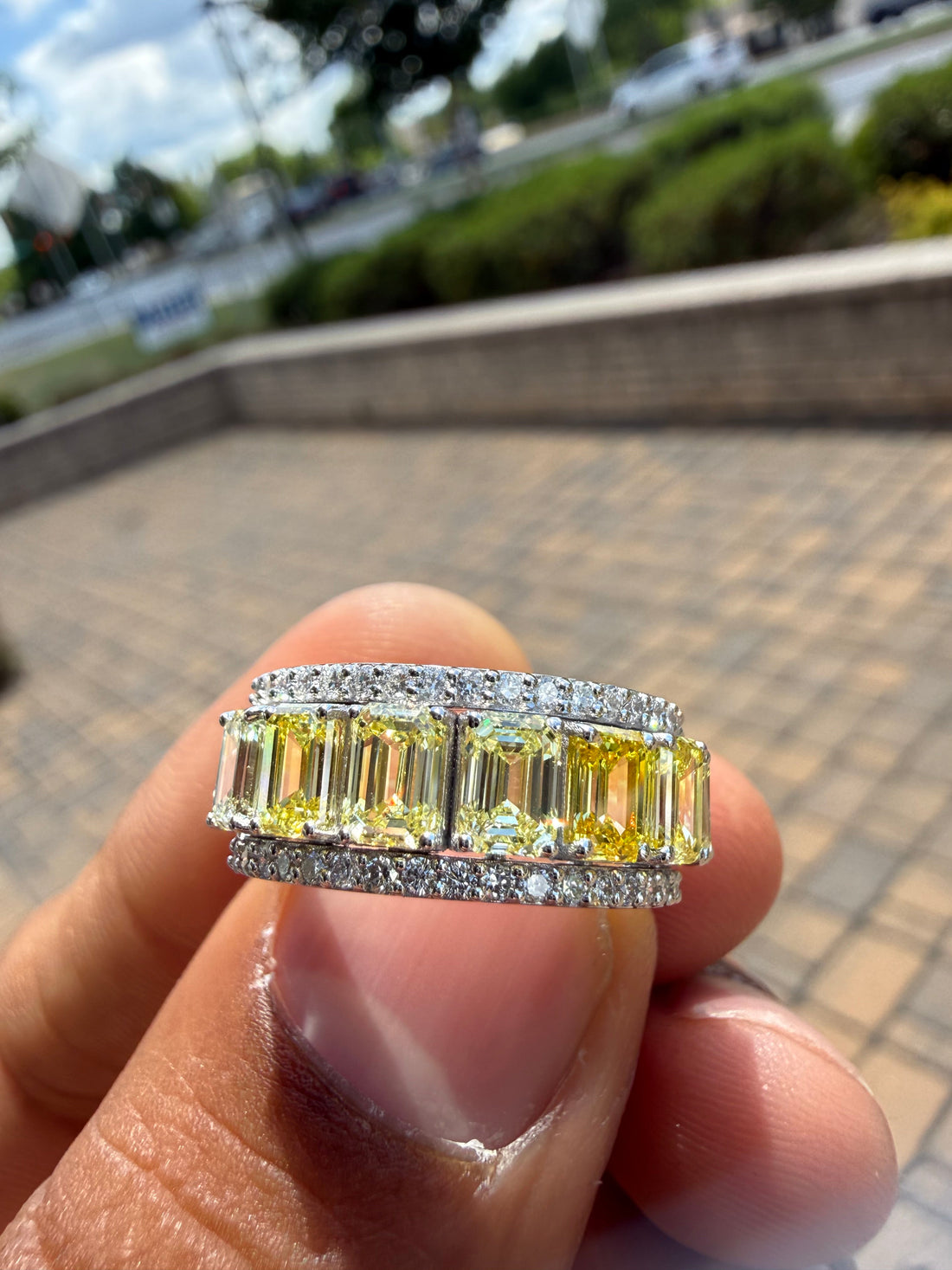 4 carat emerald cut fancy light yellow made with special cut on side carat handcrafted in grown diamond 14k gold