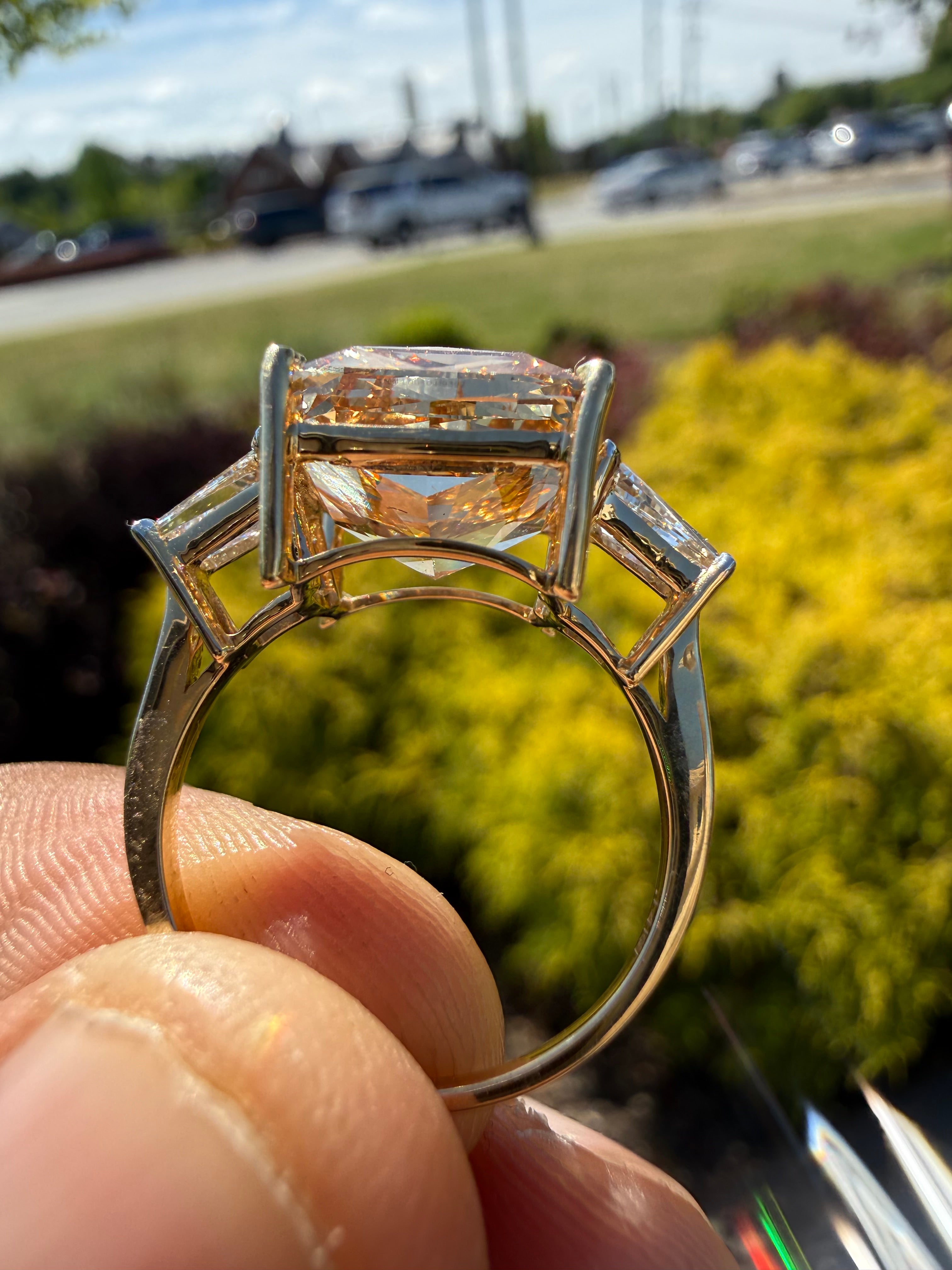 9.53 carat igi certified stone fancy cushion champagne color high cut with fancy white baguette ring handcrafted ring made with 14k gold in grown diamond igi certified