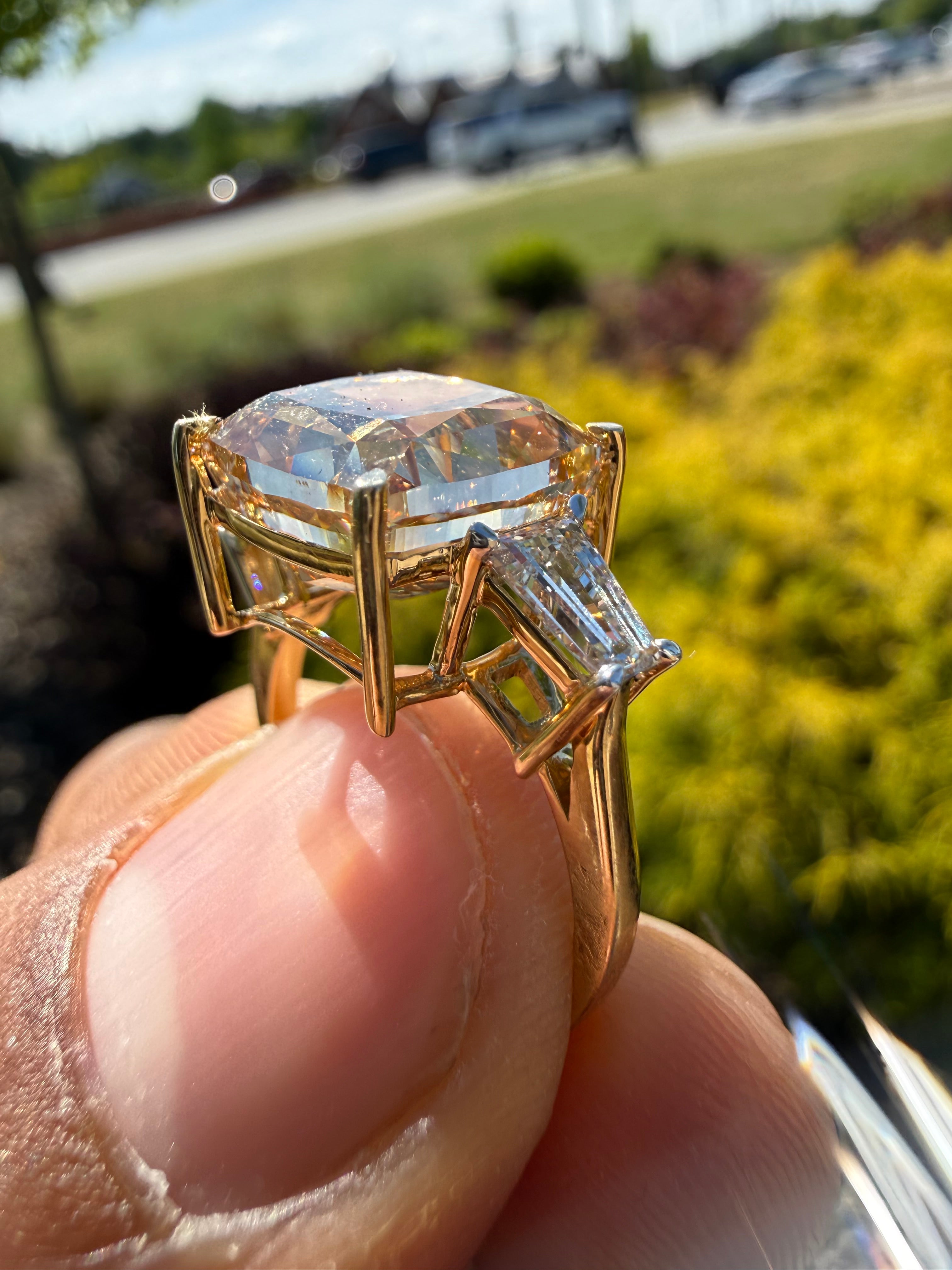 9.53 carat igi certified stone fancy cushion champagne color high cut with fancy white baguette ring handcrafted ring made with 14k gold in grown diamond igi certified