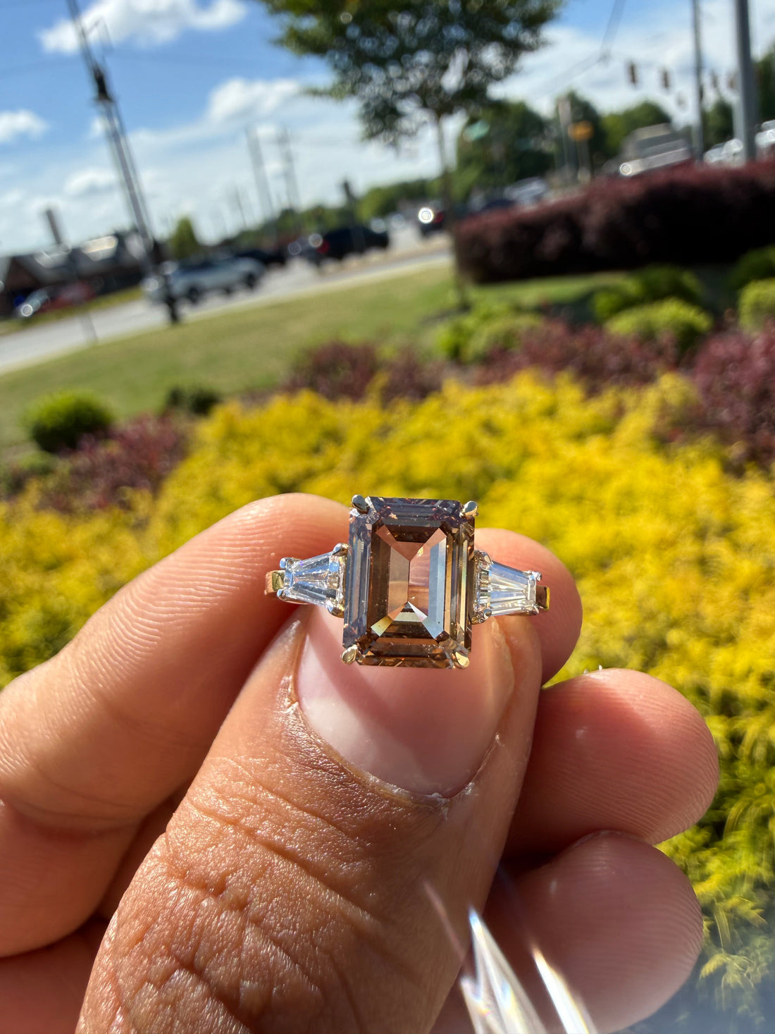 3.88 carat igi certified fancy champagne emerald cut with fancy white tapper baguette ring handcrafted ring made with 14k rose gold in grown diamond  igi certified