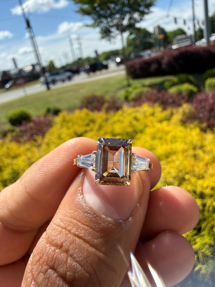 3.88 carat igi certified fancy champagne emerald cut with fancy white tapper baguette ring handcrafted ring made with 14k rose gold in grown diamond  igi certified