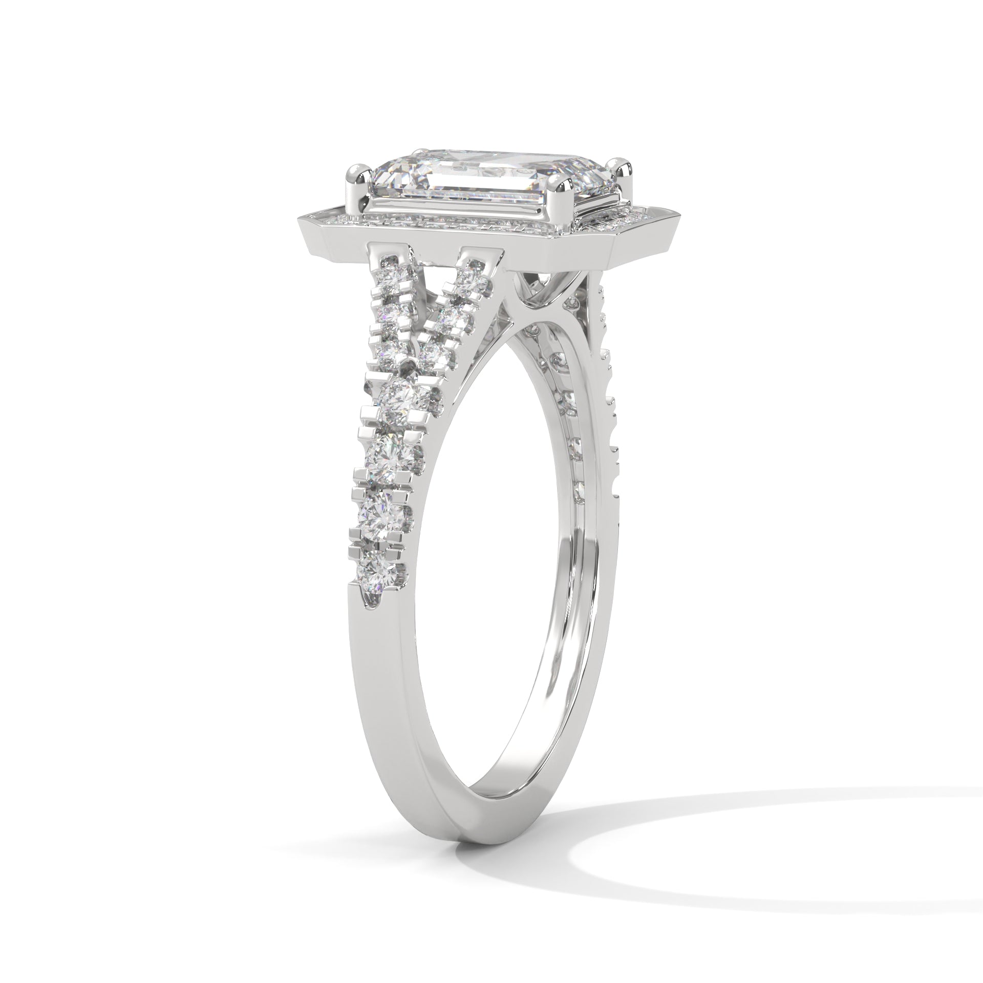 5 carat ring with 3 carat center Emerald E vs igi certified with cut on side made with high craftsmanship with round brilliance ( made in 14k gold)