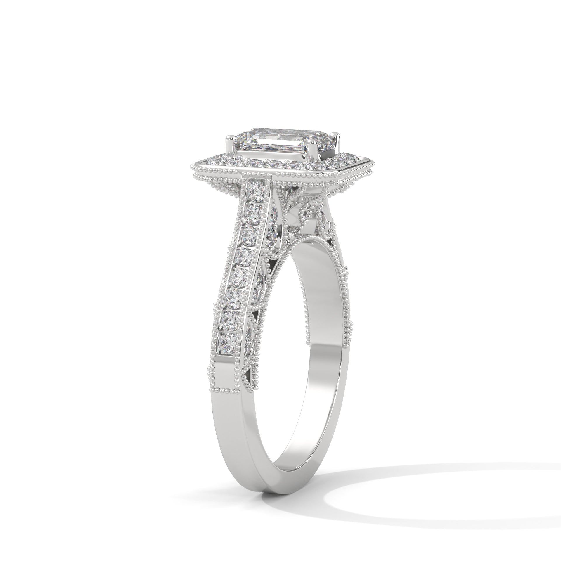 5 carat ring with 3 carat center Emerald E vs igi certified with cut on side made with high craftsmanship with round brilliance ( made in 14k gold)