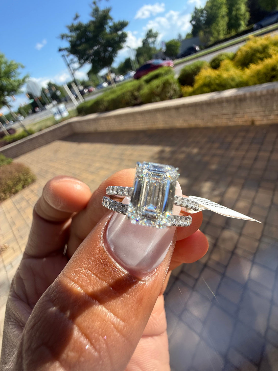 3 carat ring emerald cut ring cut E vs IGI certified 2 carat center stone with special cut side band  on side highly handcrafted in grown diamond 14k gold full engagement set