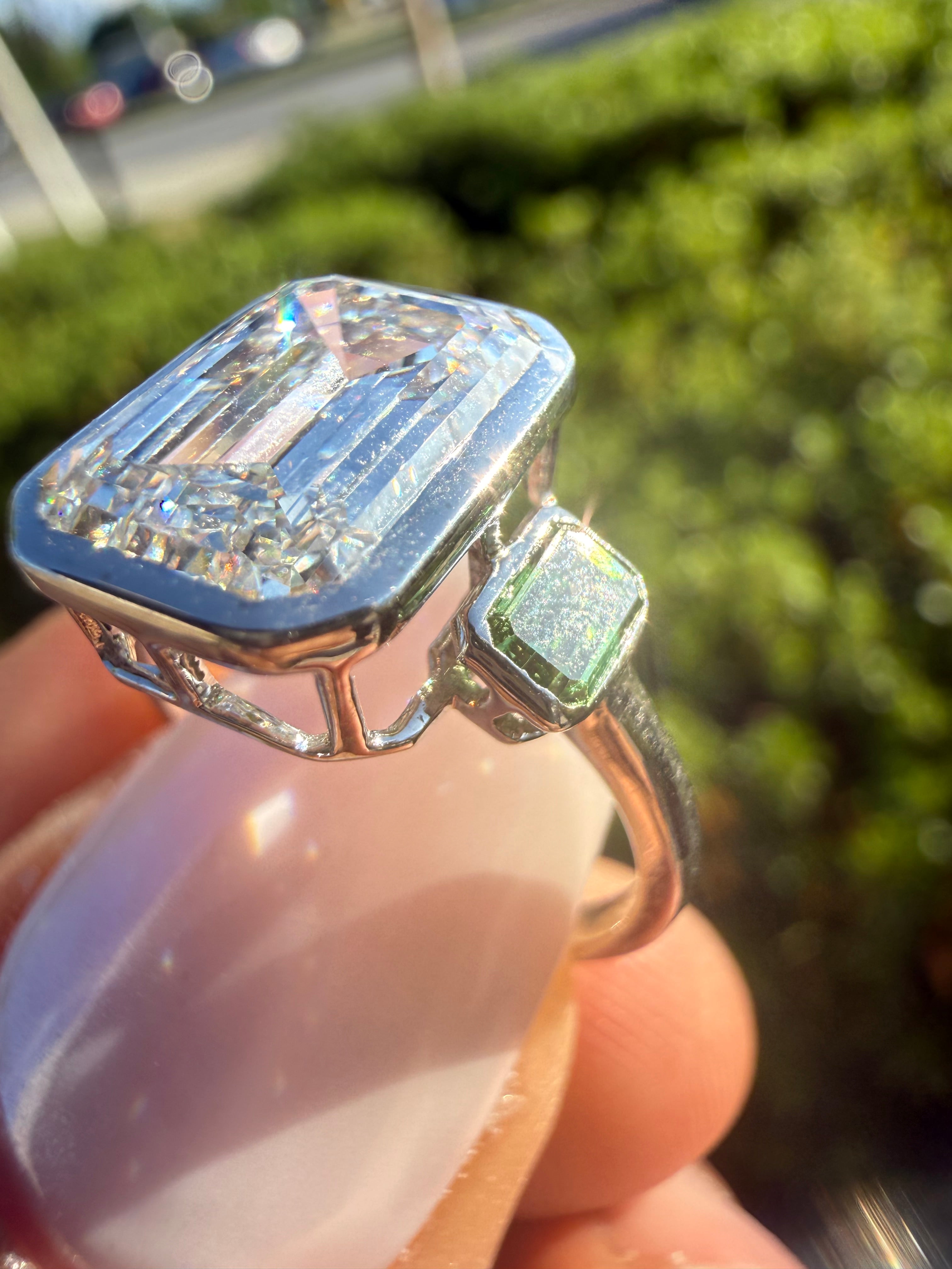 3 carat emerald cut special cut ring cut E vs IGI certified  stone with special cut on side stone fancy green highly handcrafted in grown diamond 14k gold ( made in gold )