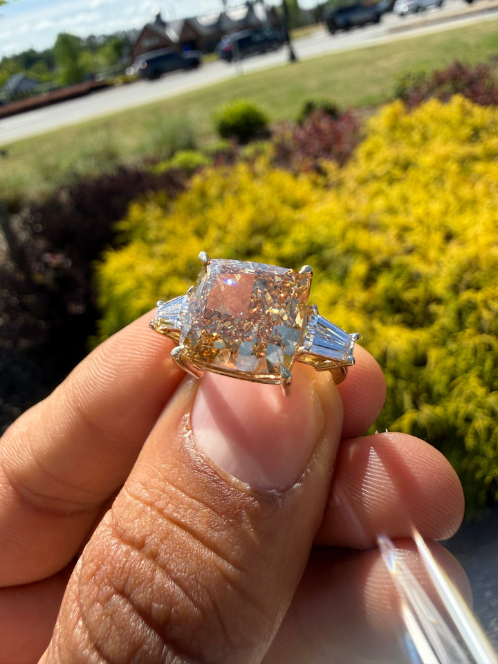 9.53 carat igi certified stone fancy cushion champagne color high cut with fancy white baguette ring handcrafted ring made with 14k gold in grown diamond igi certified