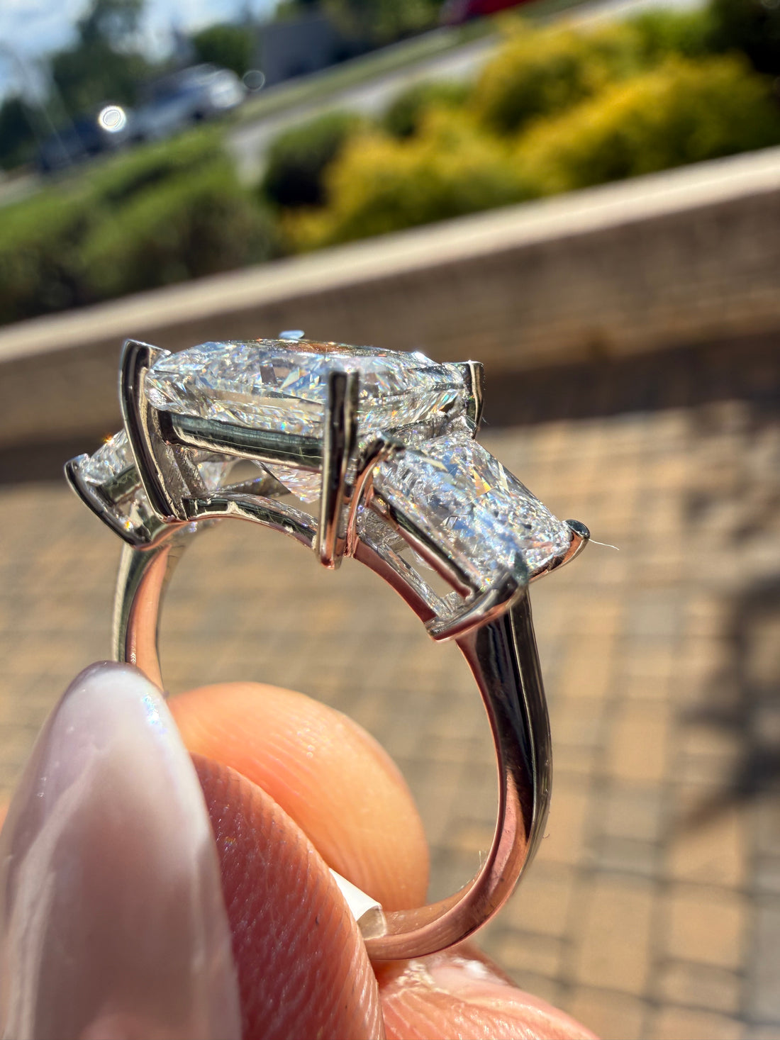 5 carat center princess  Cut with 3 carat center stones E vs igi certified with high cut on side made with high craftsmanship with round brilliance made in 14k gold)
