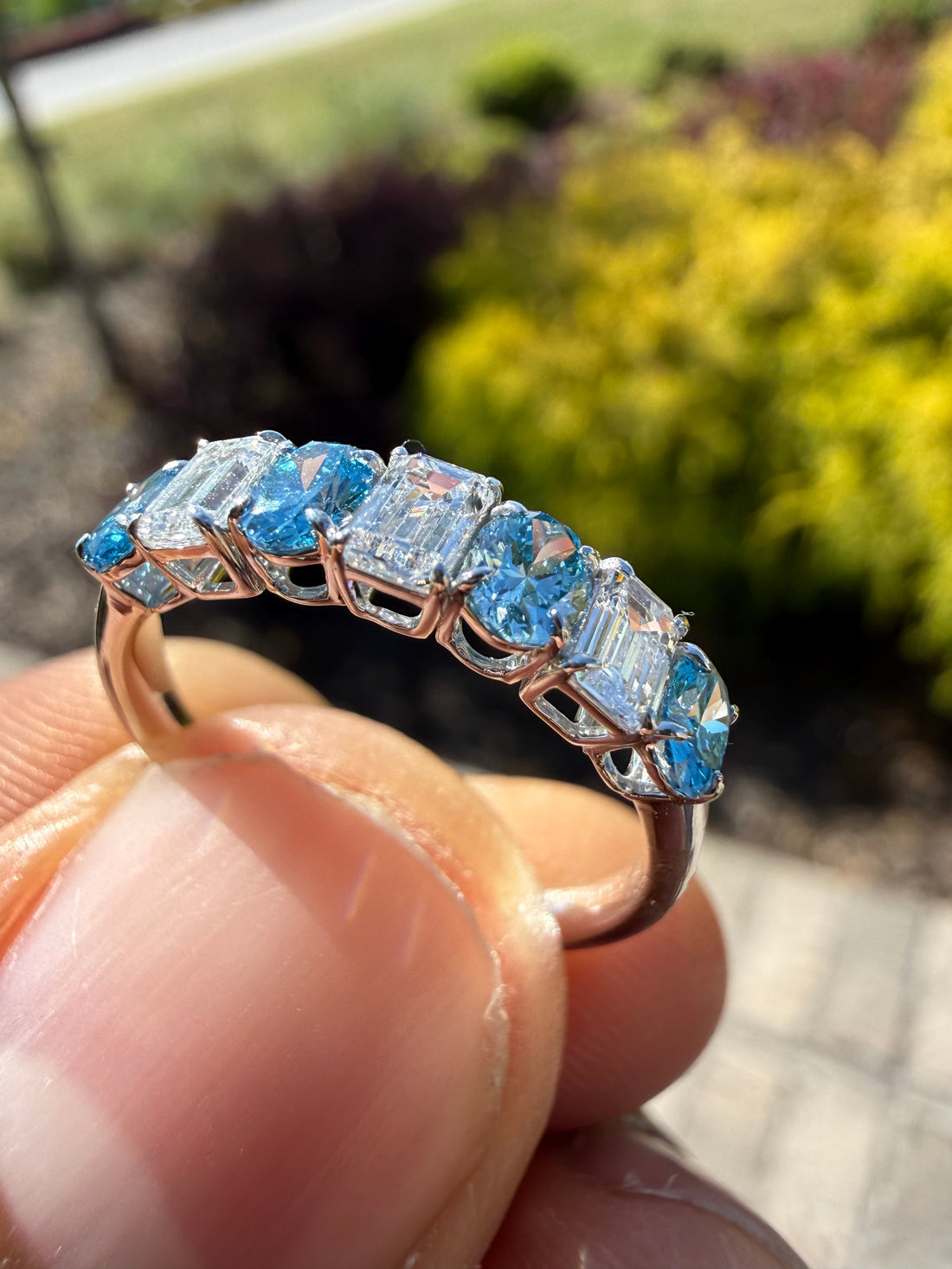 1.2carat fancy vivid blue oval  E vs and emerald cut handcrafted ring made with 14k gold in grown diamond