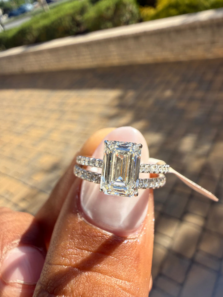 3 carat ring emerald cut ring cut E vs IGI certified 2 carat center stone with special cut side band  on side highly handcrafted in grown diamond 14k gold full engagement set
