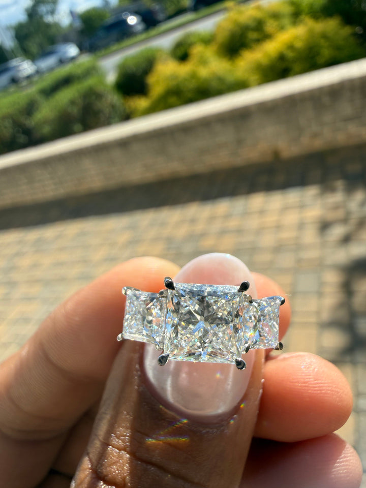 5 carat princess cut ring IGI cut E vs certified  3 carat center stone 2 carat side stone made with special cut handcrafted in grown diamond 14k gold