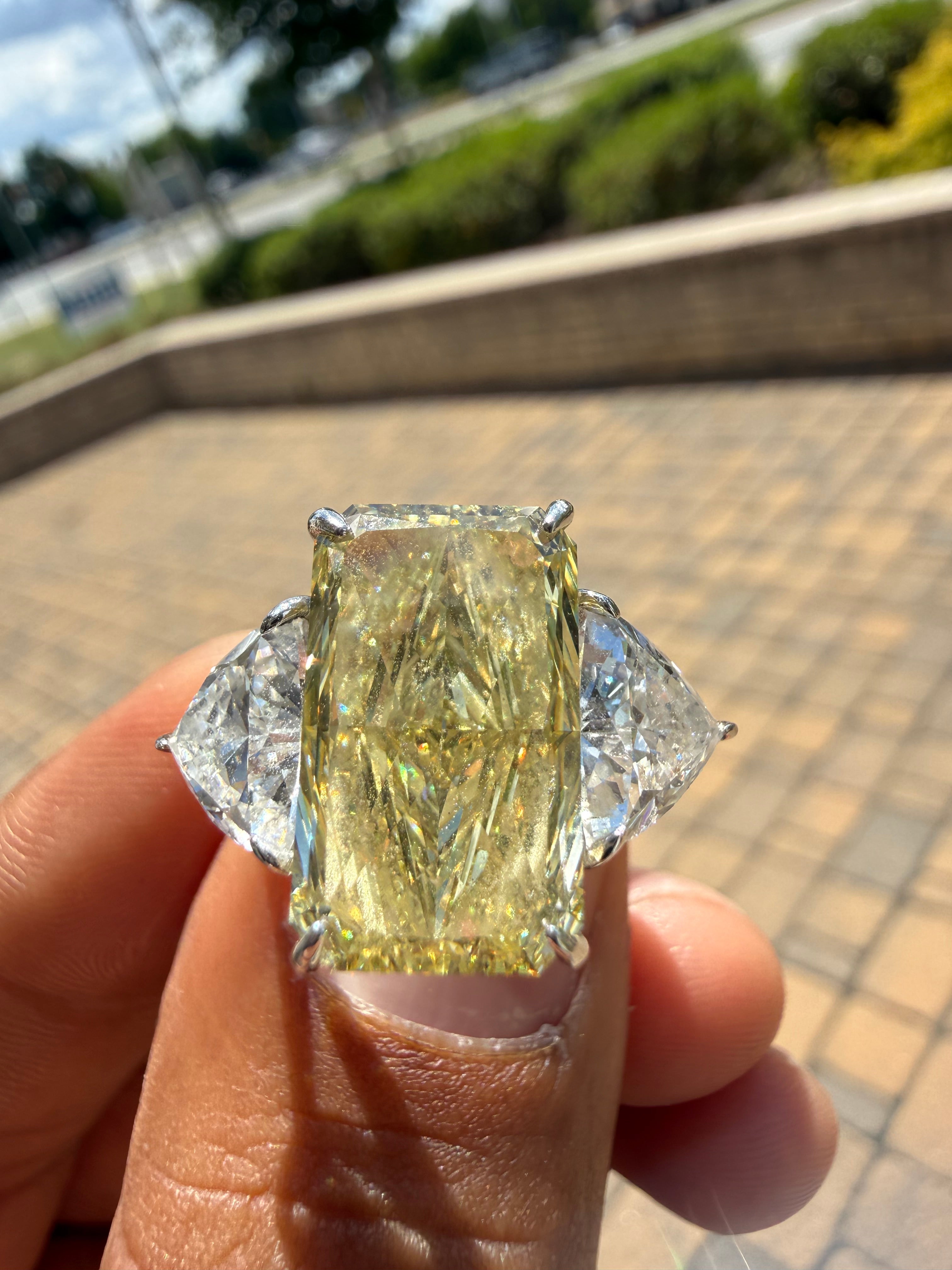 11.43 carat radiant cut IGI certified fancy light yellow made with 2 Traingle special cut on side 2 carat handcrafted in grown diamond 14k gold