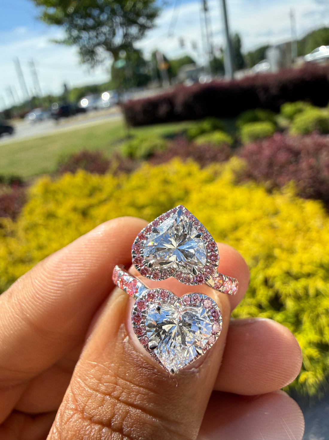 5 carat ring 2 carat each heart VVS igi certified stone fancy heart  handcrafted in color high cut with fancy pink  stone in  ring handcrafted ring made with 14k gold in grown diamond igi certified