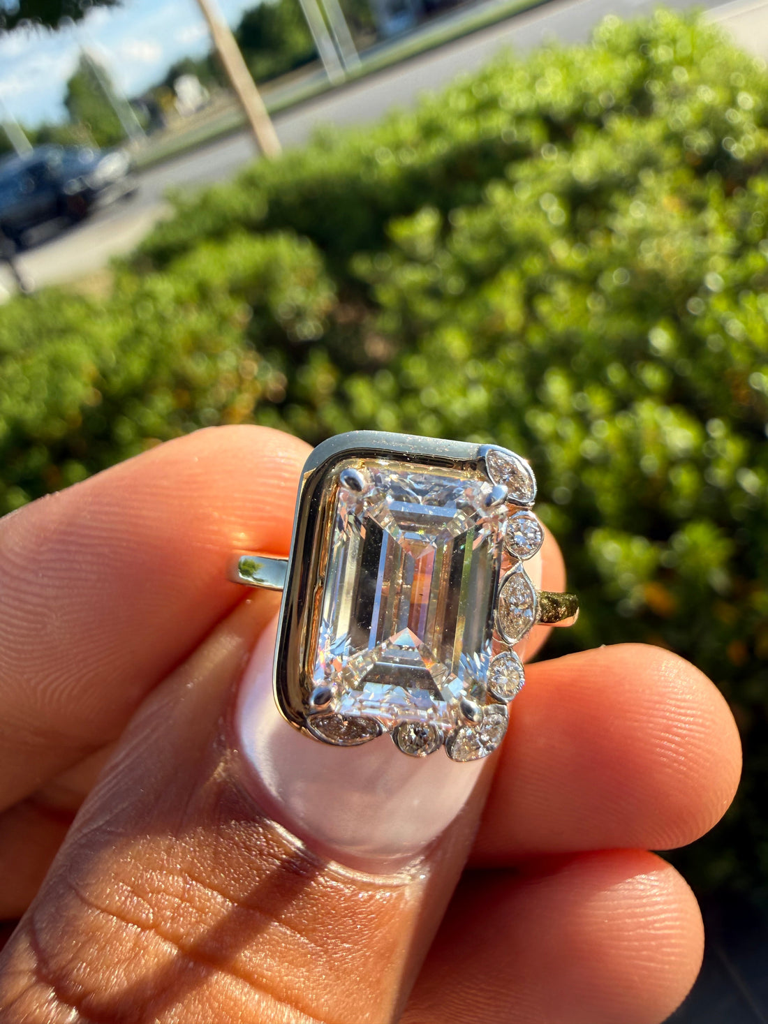 3 carat emerald cut rose gold special cut ring VVS stone with special cut on side stone fancy highly handcrafted in grown diamond 14k gold ( made in gold ) (Copy)