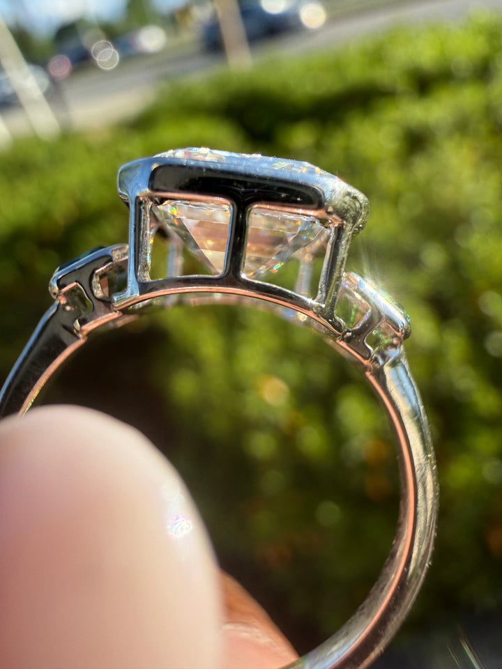 3 carat emerald cut special cut ring cut E vs IGI certified  stone with special cut on side stone fancy green highly handcrafted in grown diamond 14k gold ( made in gold )