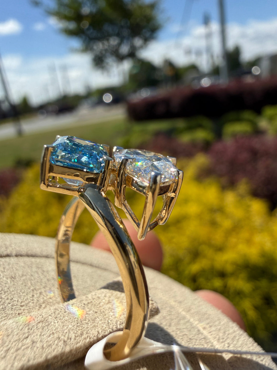 4 carat ring in fancy blue emerald cut fancy white pear ring  handcrafted ring made with 14k gold in grown diamond