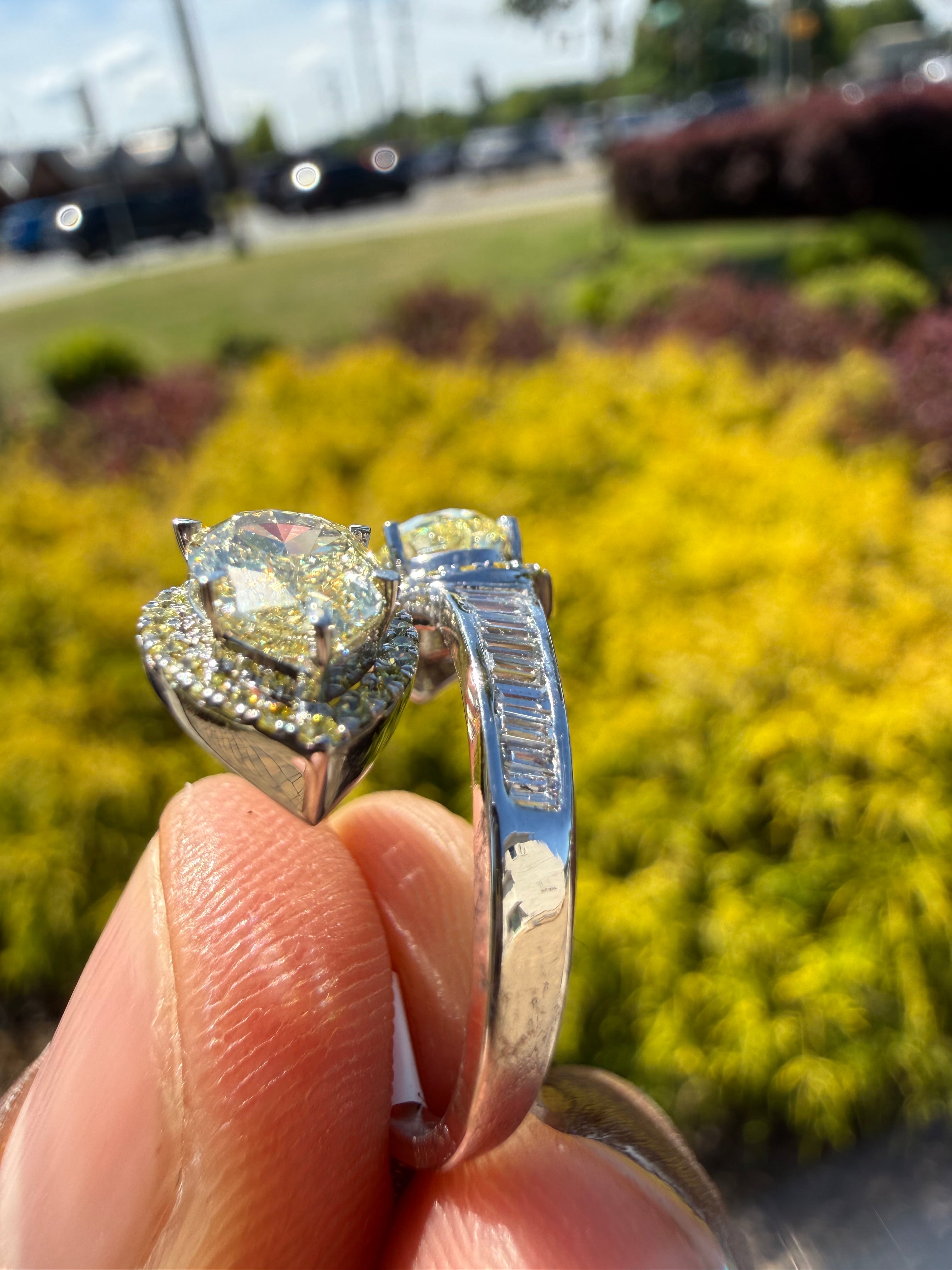 3 carat igi certified fancy yellow pear  emerald cut with fancy white tapper baguette ring handcrafted ring made with 14k gold in grown diamond igi certified