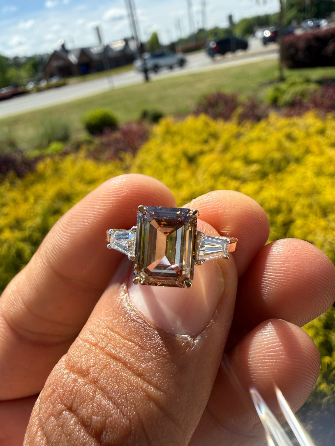 3.88 carat igi certified fancy champagne emerald cut with fancy white tapper baguette ring handcrafted ring made with 14k rose gold in grown diamond  igi certified
