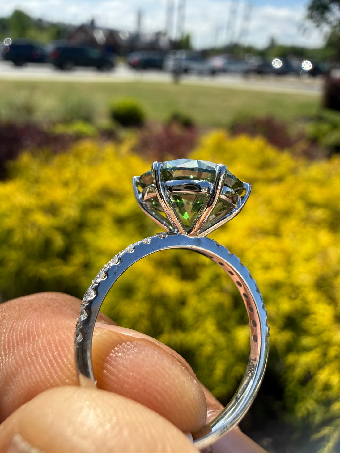 5.3 carat fancy green ring  handcrafted ring made with 14k gold in grown diamond