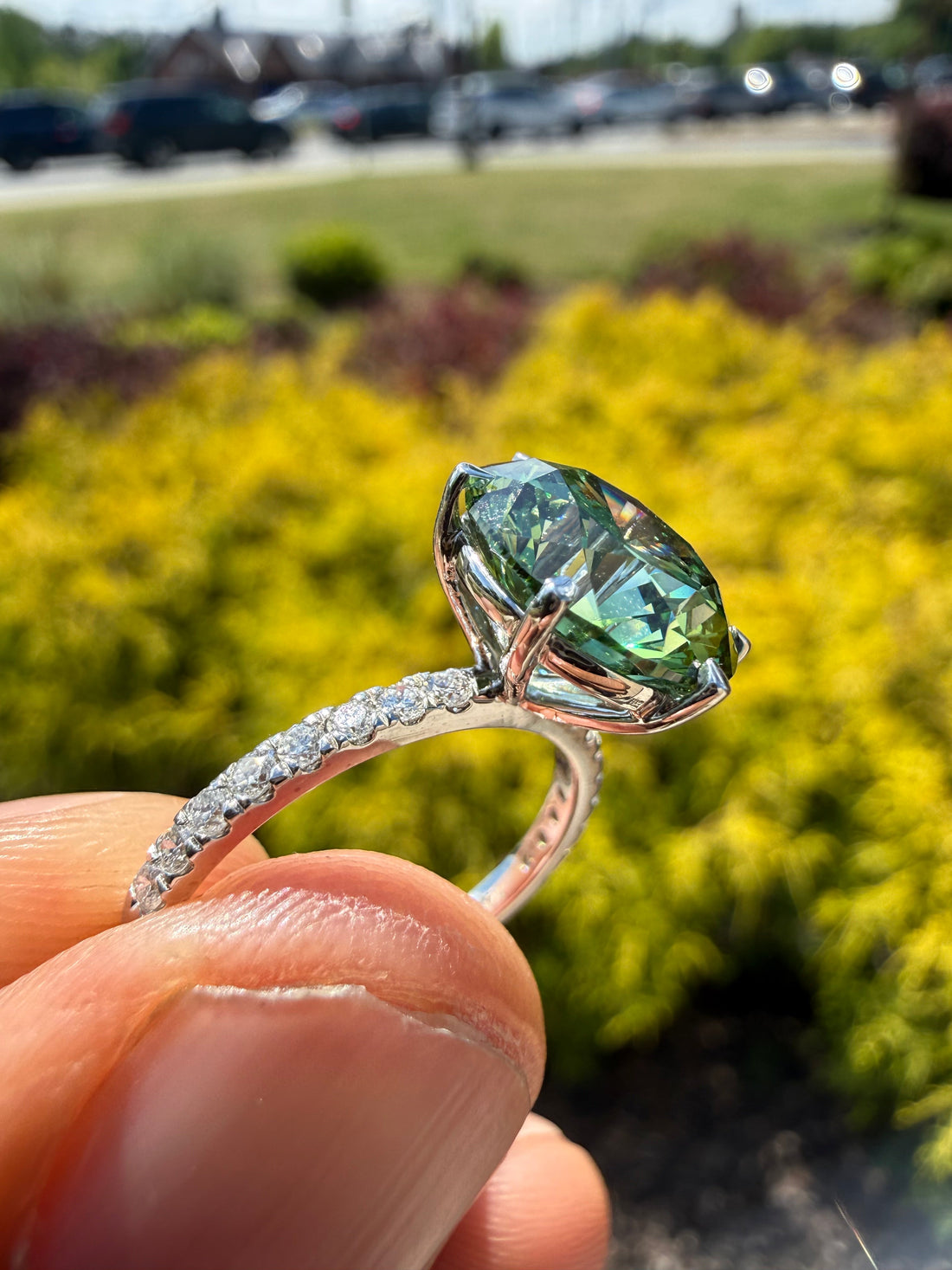 5.3 carat fancy green ring  handcrafted ring made with 14k gold in grown diamond