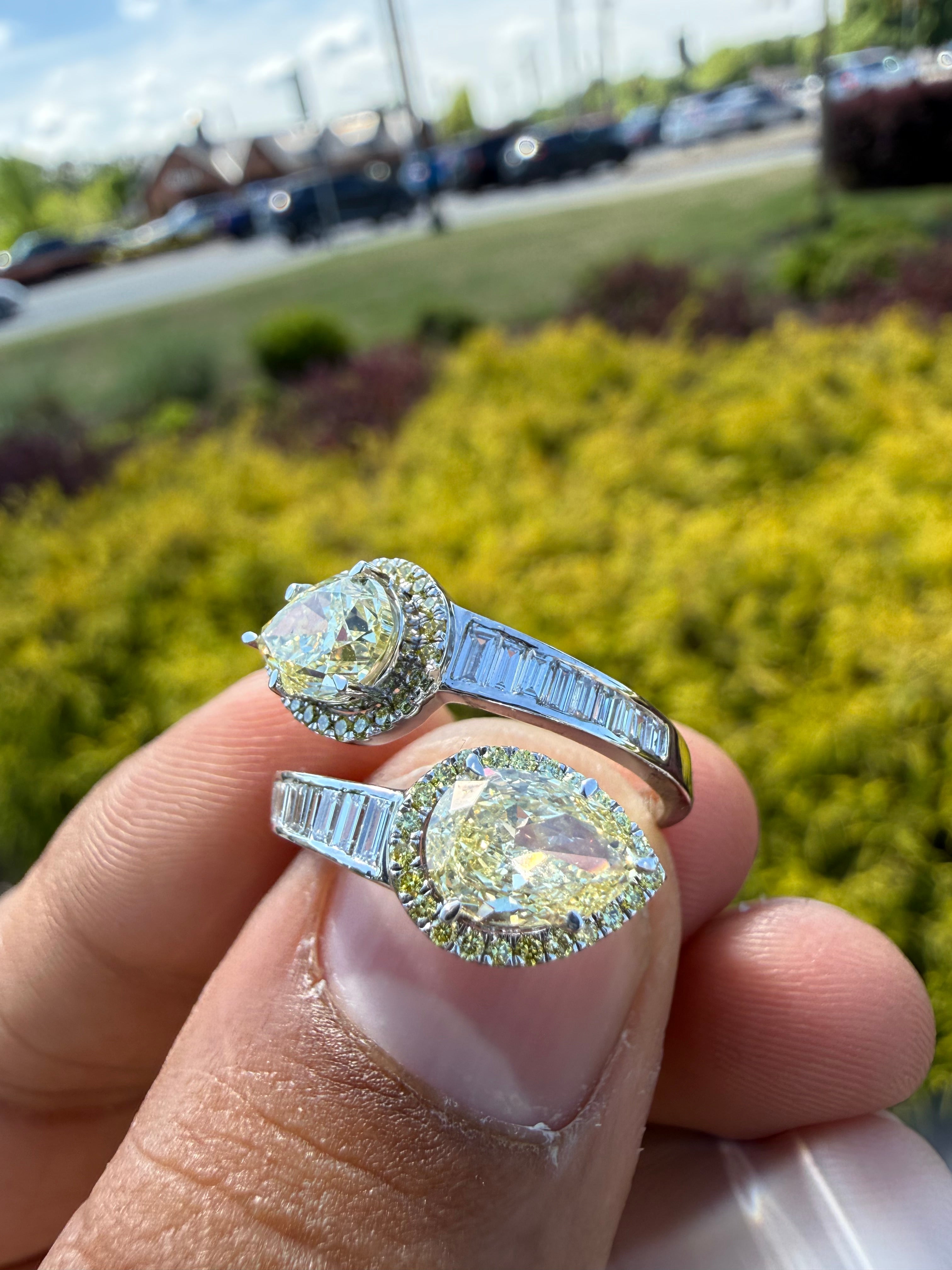 3 carat igi certified fancy yellow pear  emerald cut with fancy white tapper baguette ring handcrafted ring made with 14k gold in grown diamond igi certified