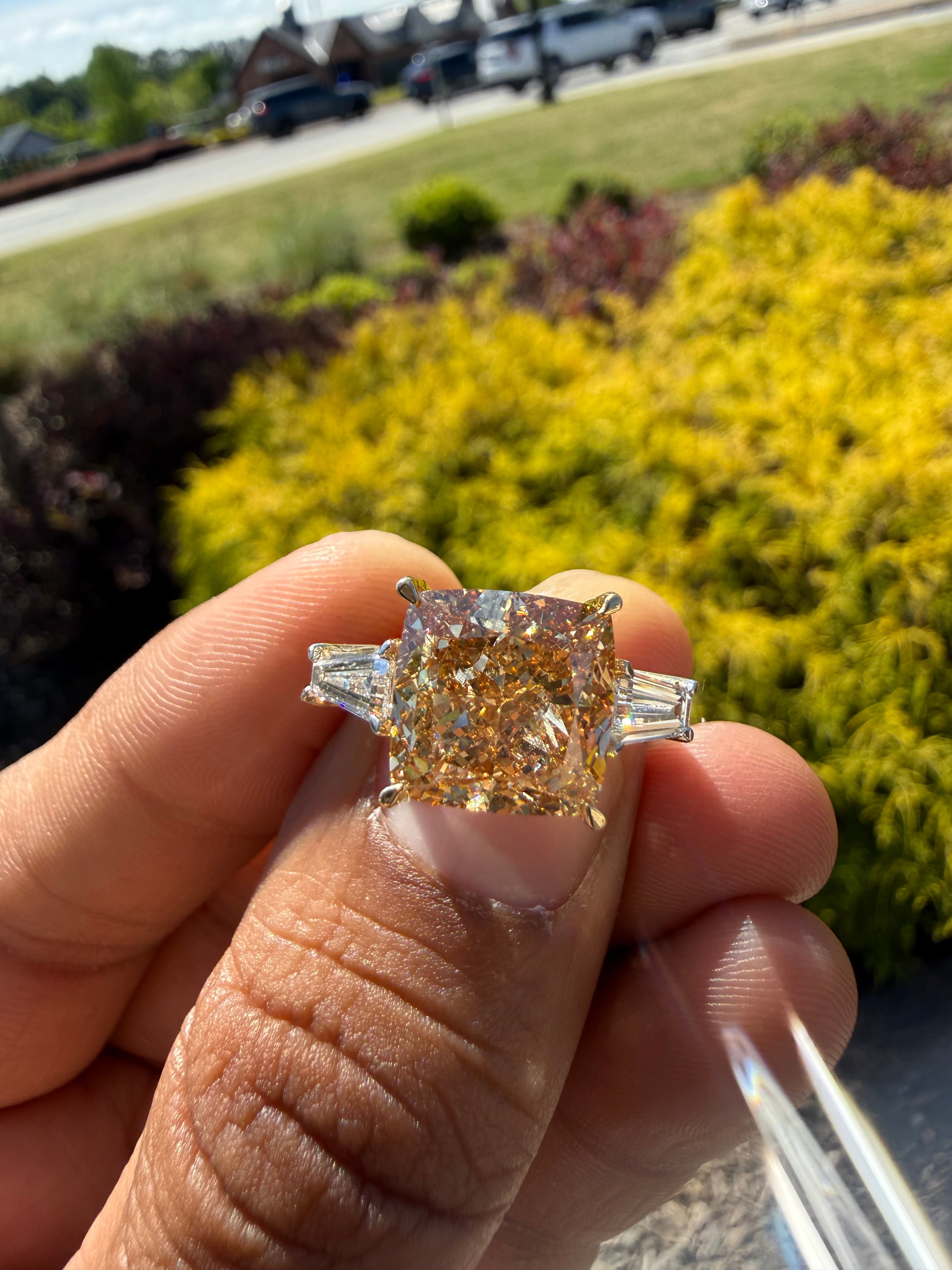 9.53 carat igi certified stone fancy cushion champagne color high cut with fancy white baguette ring handcrafted ring made with 14k gold in grown diamond igi certified