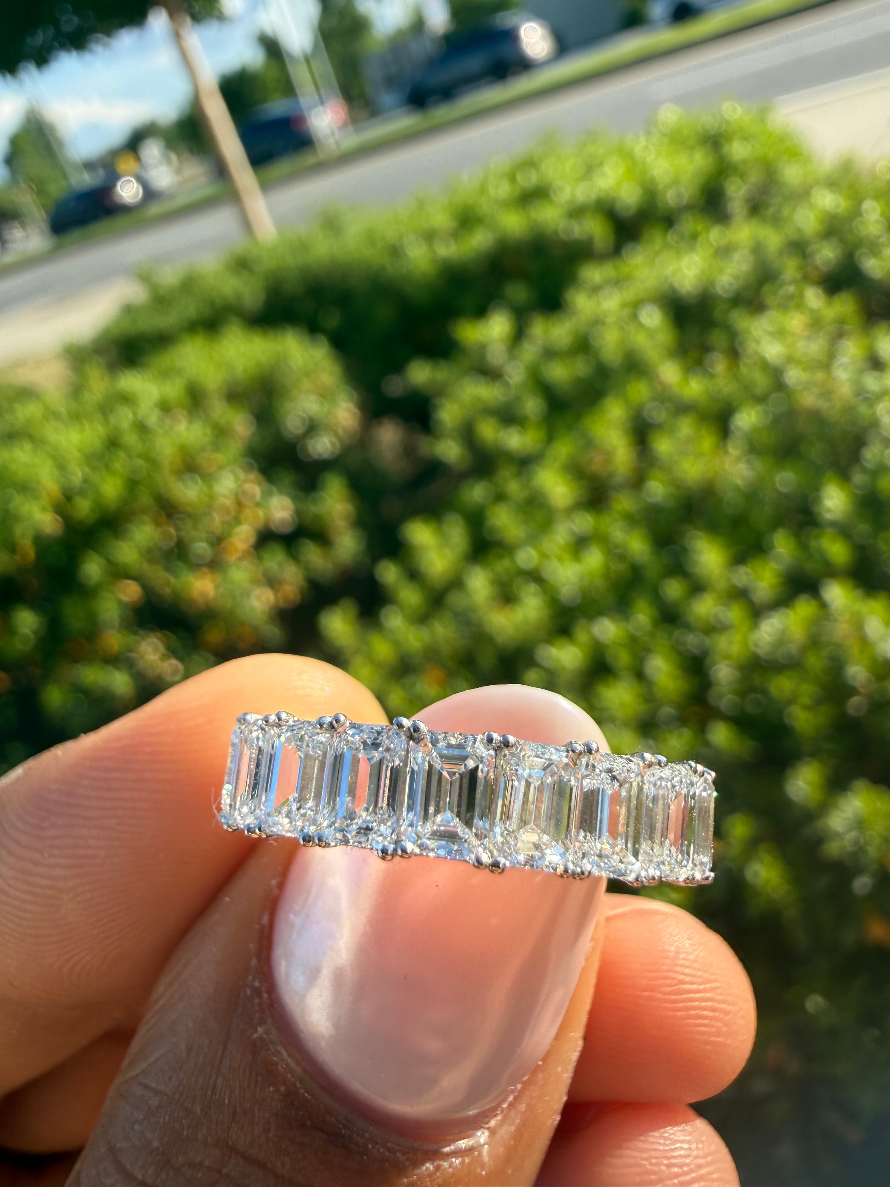 3 carat emerald cut  special cut ring VVS stone with special cut on side stone fancy highly handcrafted in grown diamond 14k gold ( made in gold )