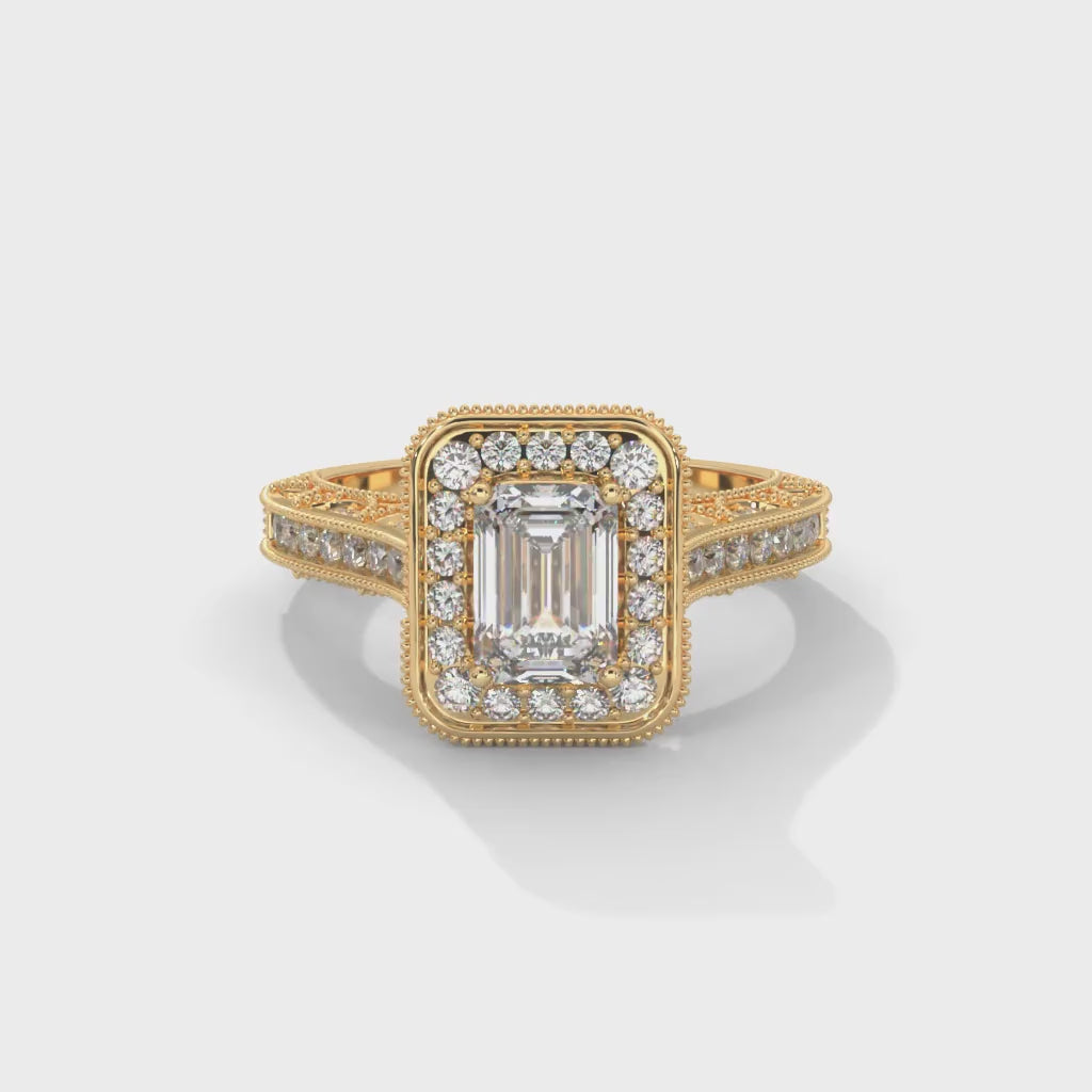5 carat ring with 3 carat center Emerald E vs igi certified with cut on side made with high craftsmanship with round brilliance ( made in 14k gold)