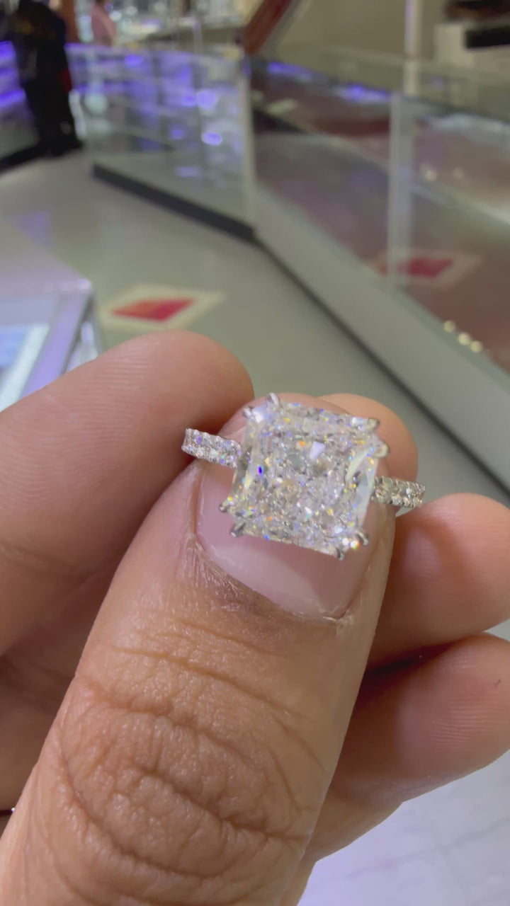 5 carat square cushion cut E VS1 igi certified stone Engagement Ring handcrafted with 14k white gold ! Certified igi grown diamond